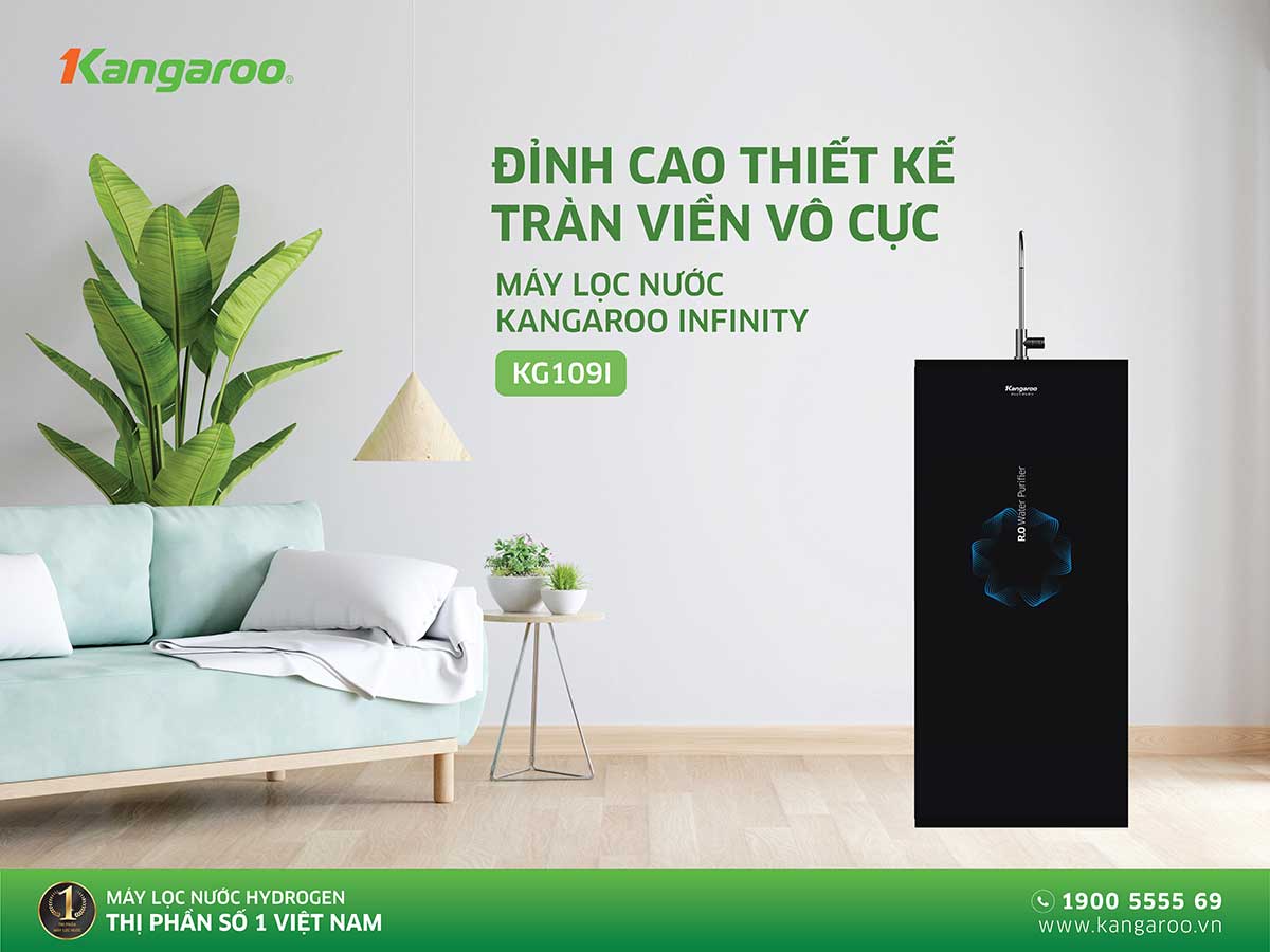 Máy lọc nước Kangaroo Infinity KG109I thiết kế tủ kính tràn viền vô cực